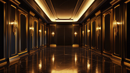 An empty room, a luxury elegant hall with marble finishing in dark colors with beautiful yellow lighting.