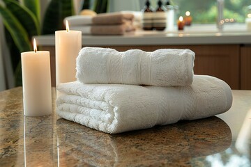 Two towels on a table next to candles and a spa, high quality, high resolution