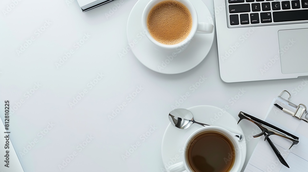 Poster top view above of white office desk table with laptop notebook and coffee cup with equipment other o