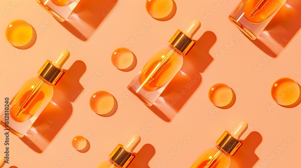 Poster seamless pattern of anti aging serum in glass bottle with dropper on pastel orange background creati
