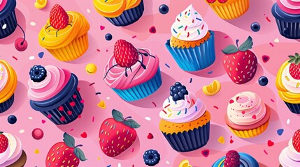 Cupcakes and structured patterns converge in a lively, colorful artwork