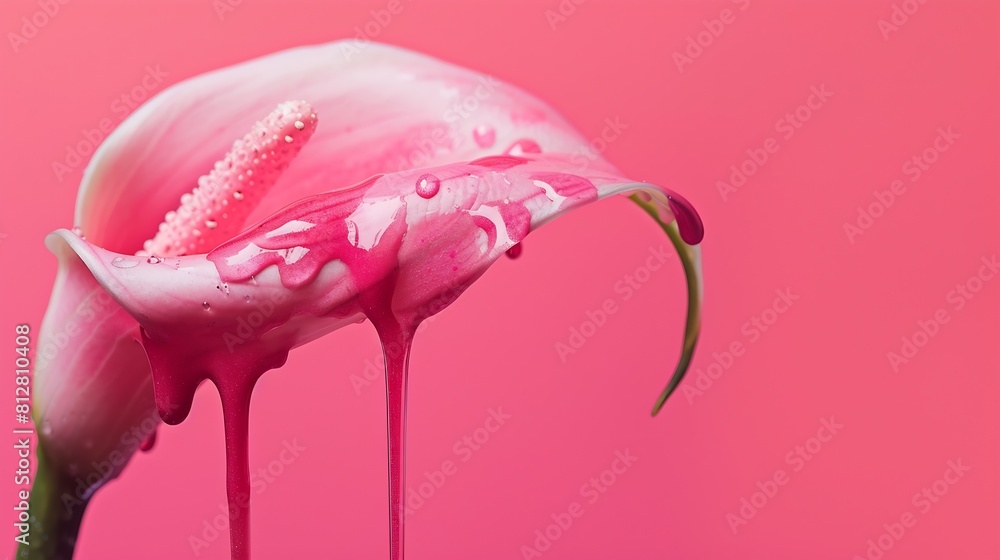 Wall mural Calla flower with dripping pink paint  Minimal summer exotic concept with copy space : Generative AI - Wall murals