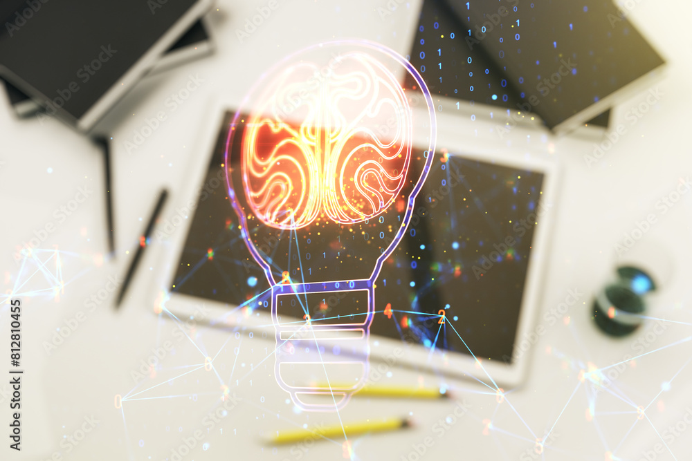 Poster creative light bulb with human brain hologram and modern digital tablet on background, artificial in