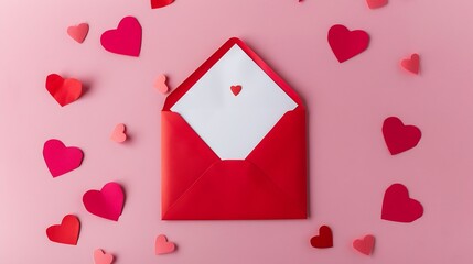 Red paper envelope with blank white note mockup inside and Valentines hearts on pink background Flat lay top view Romantic love letter for Valentines day concept : Generative AI
