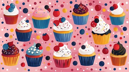 Cupcakes and structured patterns converge in a lively, colorful artwork