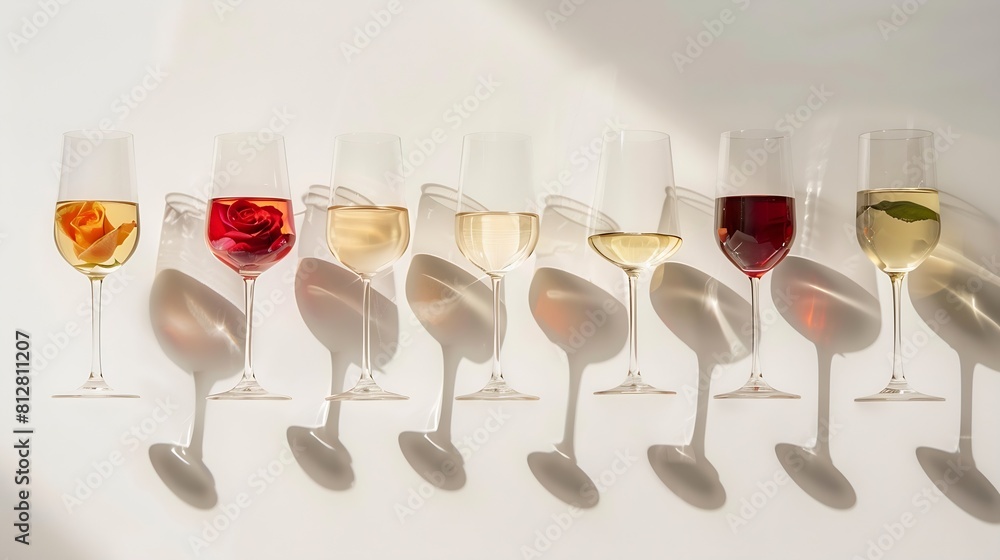 Poster glasses with red rose and white wine standing in a line against white background with shadows and re