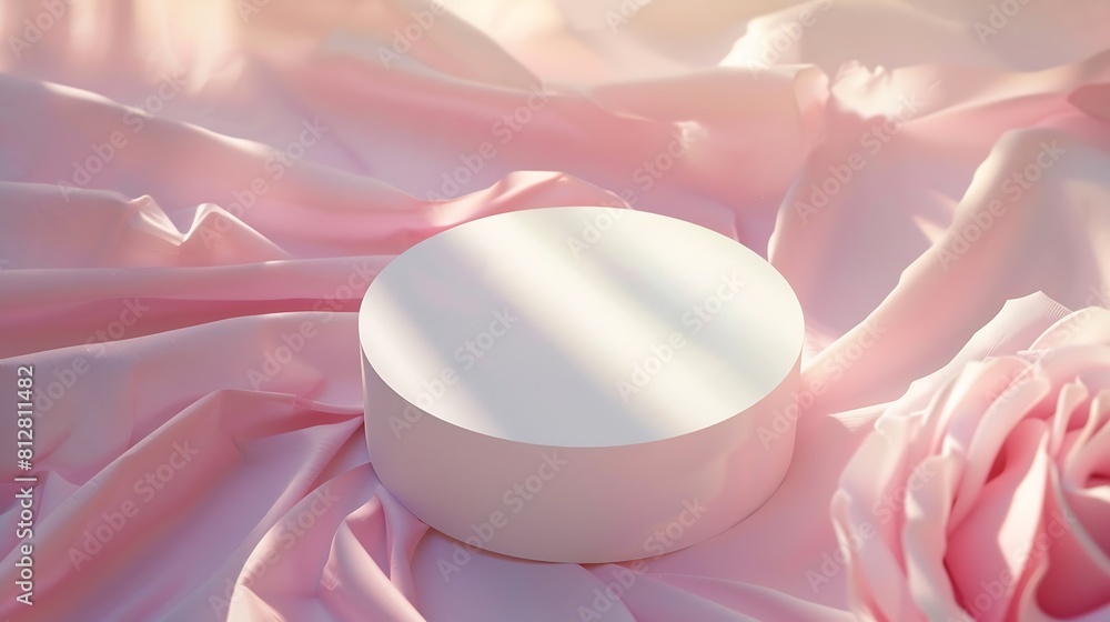Poster white round polystyrene showcase on abstract textured rose background in rays of sunlight 3d podium 