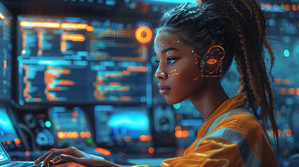 Obraz premium Young Black Female Coder Debugging Software