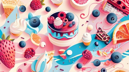 Dessert and structured patterns converge in a lively, colorful artwork