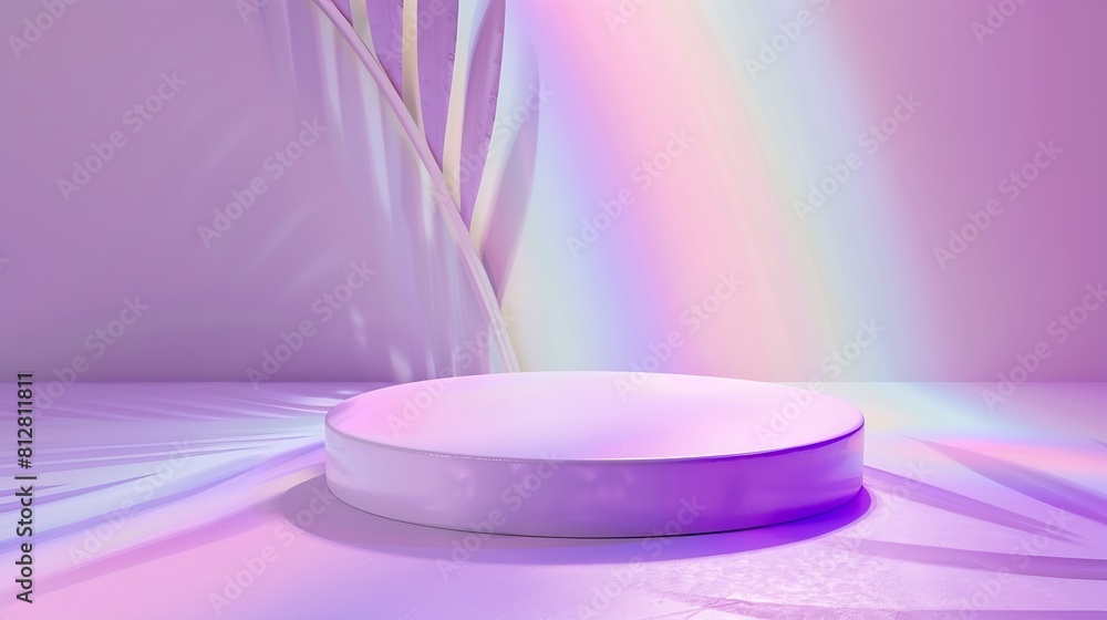 Poster abstract minimal scene empty stage circle podium on purple background with rainbow crystal light ref