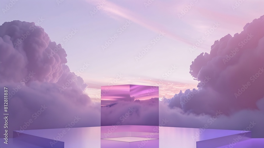 Poster front view of transparent podium with blank space in purple gradient cloudy sky background abstract 