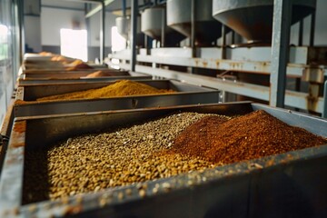 Spices that have gone through the grinding and blending process are waiting to enter the next mixing step. In the factory with machines