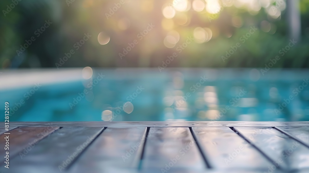 Poster Table Top And Blur Swimming pool of the Background : Generative AI