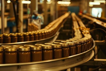The process of delivering peanut butter packed in jars through a conveyor belt in a factory.