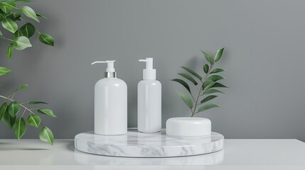 Marble white round podium for bathing products in bathroom spa shampoo shower gel liquid soap Place background for cosmetics Front view Copy space : Generative AI