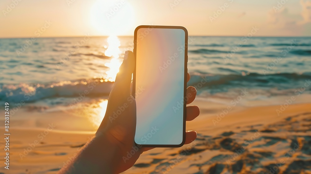 Poster hand holding smartphone on the beach mobile mockup of blank screen take your screen to put on advert