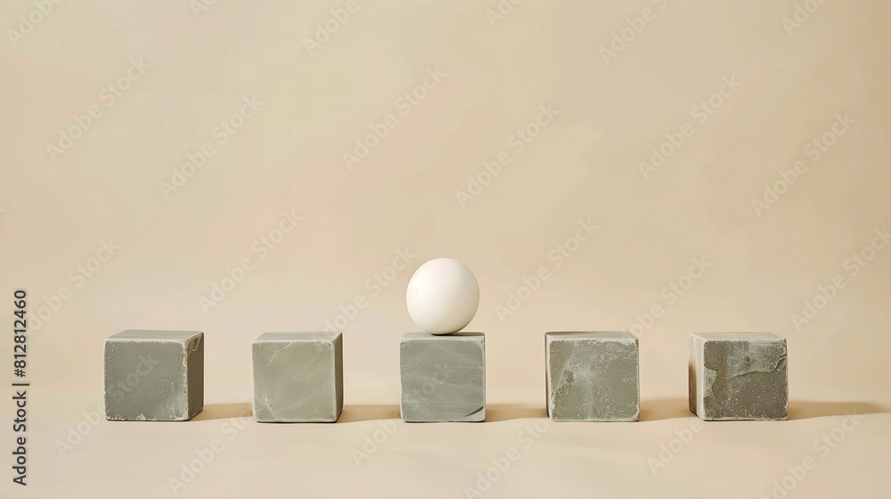 Poster gray stone cubes in row with white sphere between on beige background with copy space minimal abstra