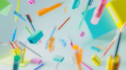 Office supplies stationery levitate over white table Back to school work education creative layout : Generative AI