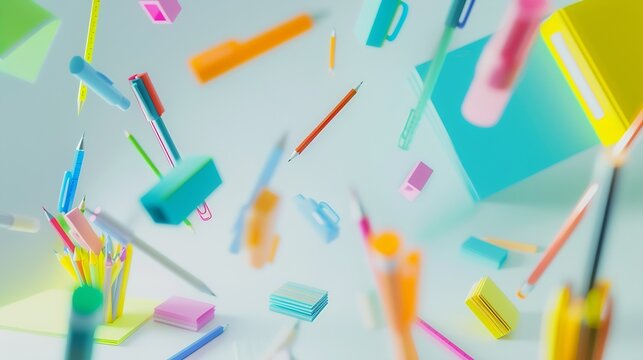 Office supplies stationery levitate over white table Back to school work education creative layout : Generative AI