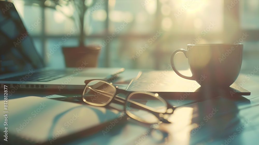 Poster soft focus of office desk table with keyboard of laptop computer coffee cup and notebook glasses bus