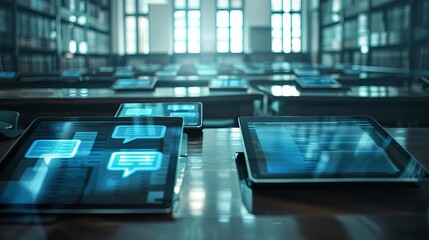 Digital tablets configured for privacy law workshops, side view  Tablets as tools in legal training with a robotic tone and a Monochromatic Color Scheme