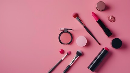 Obraz na płótnie Canvas Overhead flat lay of make up items against a pink background various brushes lipstick eye shadow and blush : Generative AI