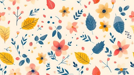 Elegant and Vibrant Natural Floral Patterns with Leaves Blossoms and Pollen Swirling in a Serene and Colorful Botanical Design