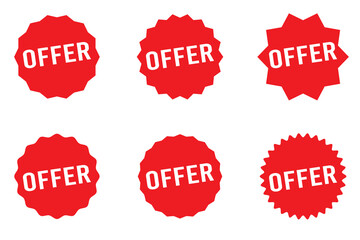 Red ribbon label. Price discount promotion banner, special offer sticker. Vector isolated set