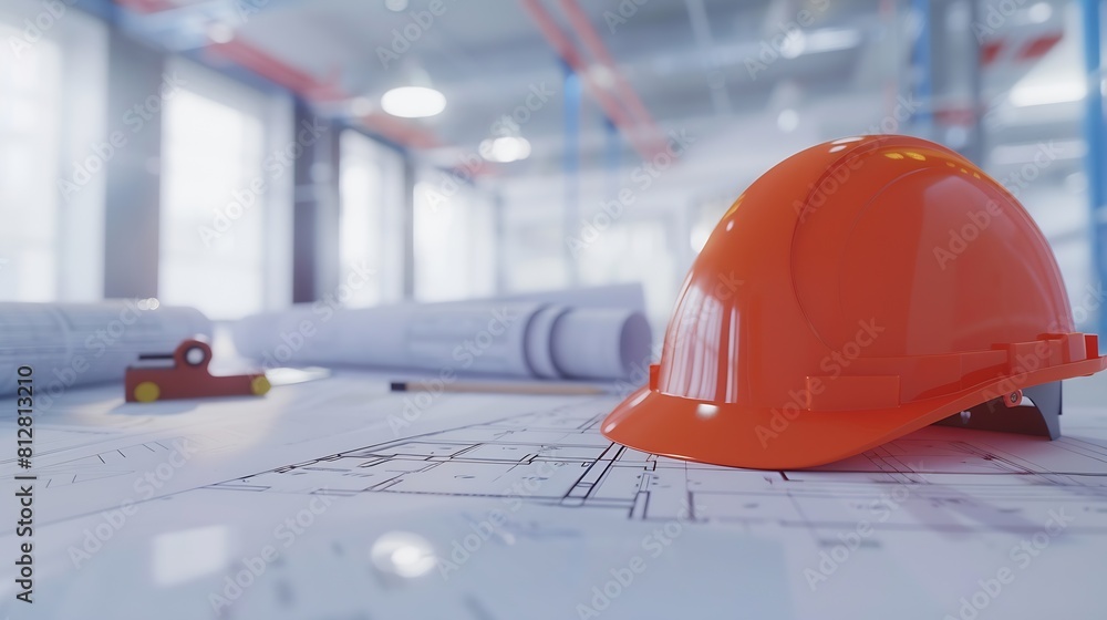 Poster Architectural designed building blueprint layout and engineer tool for designing blueprint with contractor project document on engineer workspace table in office with safety helmet or  : Generative AI