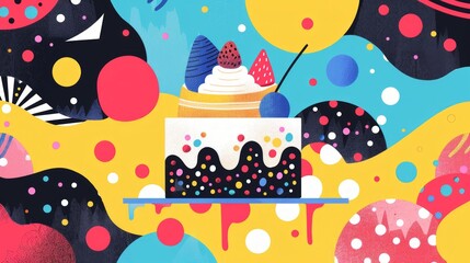 Cake and structured patterns converge in a lively, colorful artwork