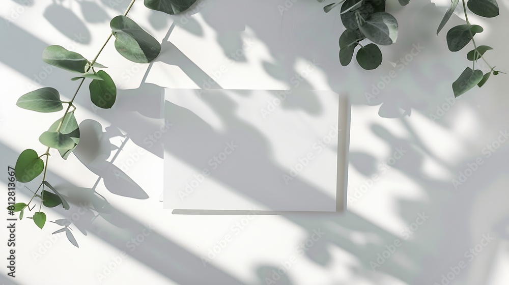 Aufkleber empty paper card and eucalyptus branches on the white table natural sunlight with trendy shadows min