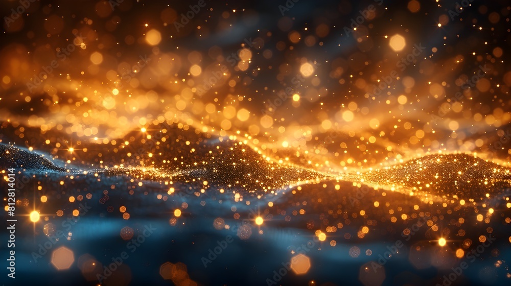 Poster dazzling golden light particles swirling in endless blue and dark abstract background