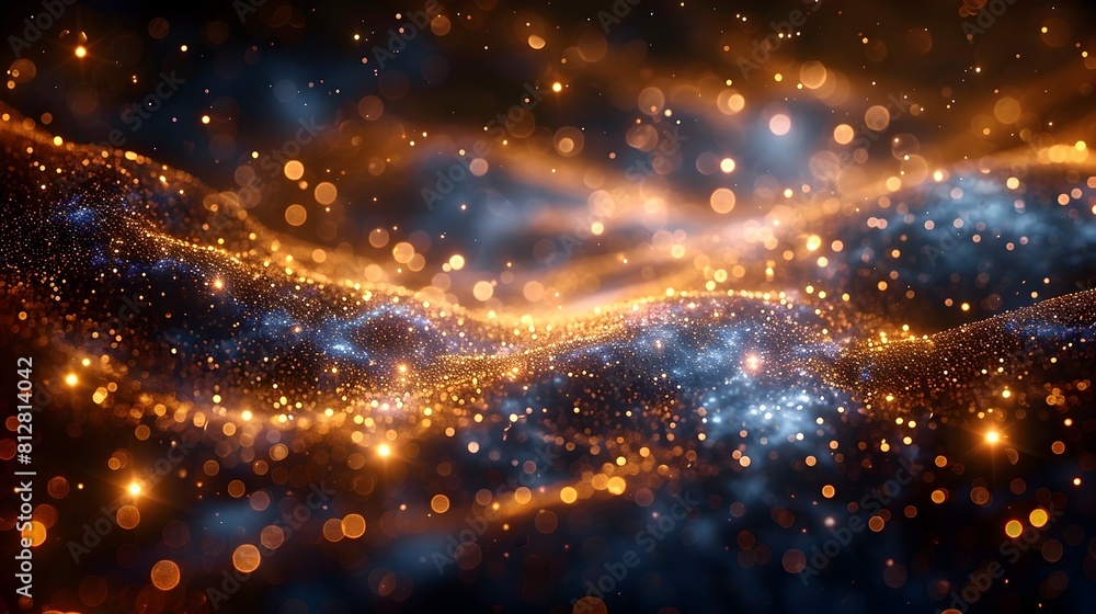 Poster dazzling celestial shimmering gold and blue abstract particle background