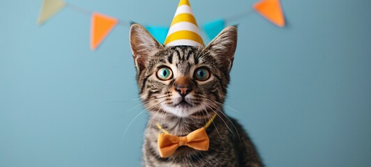 Whimsical Cat Celebration: Festive Feline with Bow Tie and Party Hat