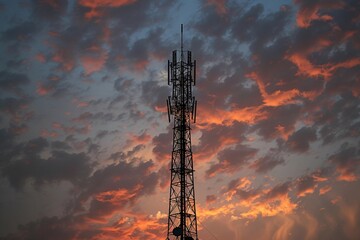 Dusk Silhouette of Mobile Towers with Fluffy Pink Clouds in the Sky