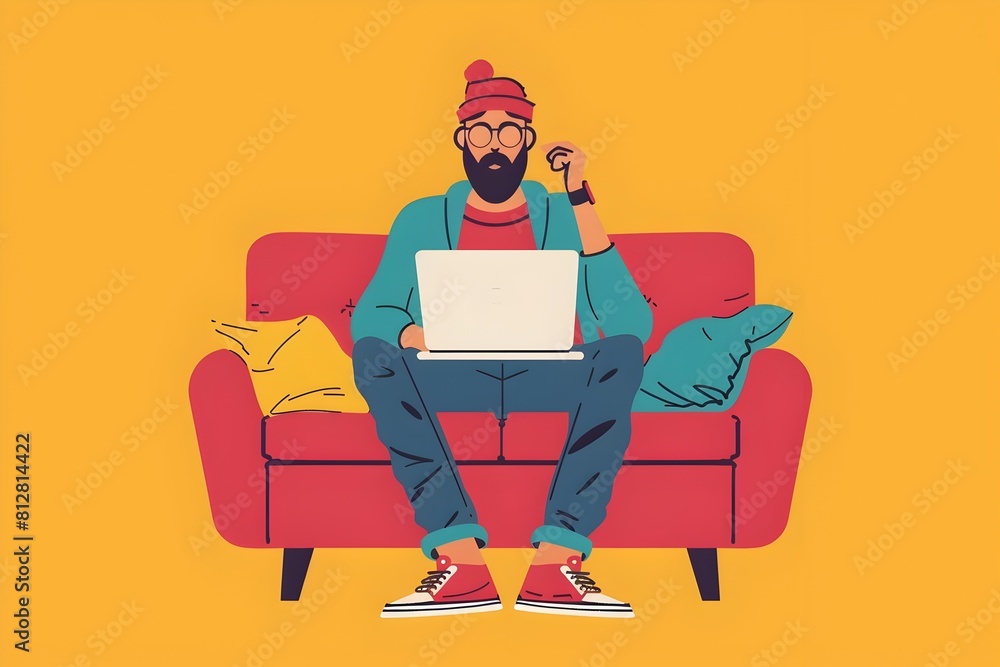 Poster hardworking freelancer relaxing on couch with laptop in minimalist trendy flat design