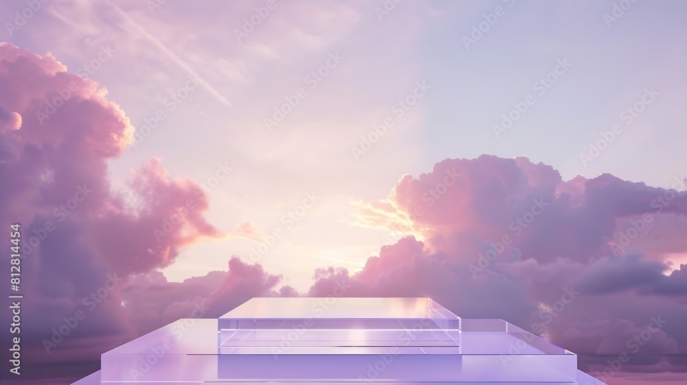 Poster front view of transparent podium with blank space in purple gradient cloudy sky background abstract 