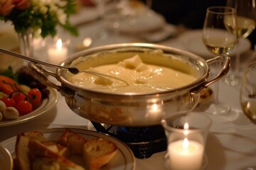 Elegant dining table setup with a pot of creamy cheese fondue, wine, and accouterments