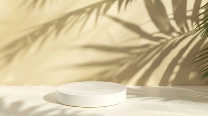 Minimal abstract background for the presentation of a cosmetic product Premium podium with a shadow of tropical palm leaves on a yellowgray background Showcase display case : Generative AI