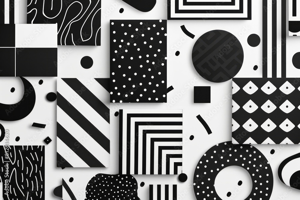 Poster contrasting complexity: collage of black and white patterns with a touch of mystery. abstract monoch