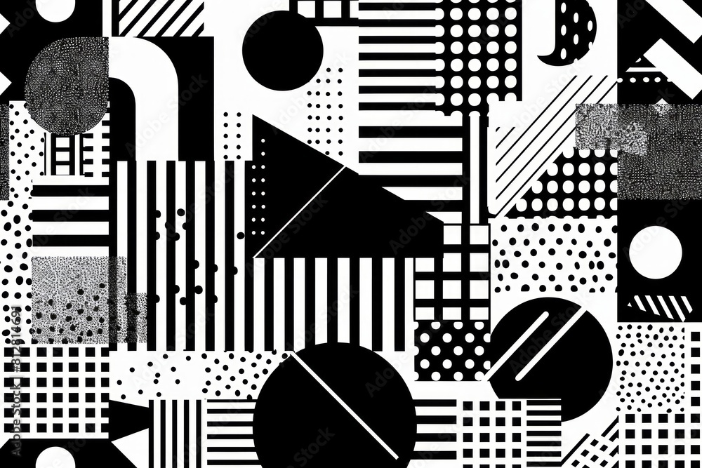 Poster dynamic monochrome composition: assemblage of black and white patterns, capturing the essence of vis