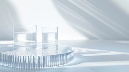 Science and medical background with transparent round podium lab glassware filled colorless liquid and ribbed acrylic sheets decorated on white background Space for products presentati : Generative AI