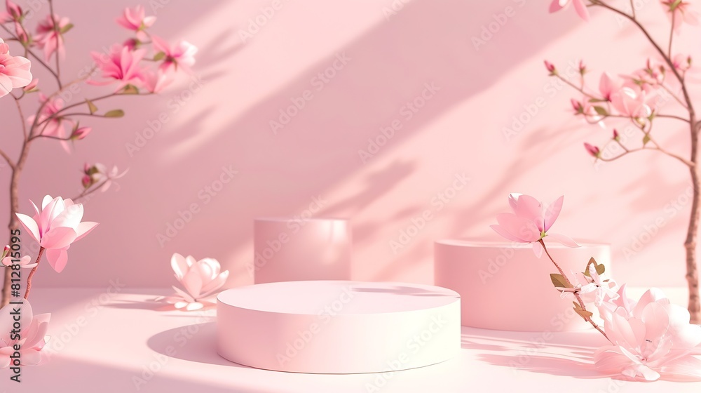 Aufkleber Abstract minimal nature scene  empty stage and two polygonal podiums on pastel pink background and soft rose flowers shadows Pedestal for cosmetic product and packaging mockups display : Generative AI