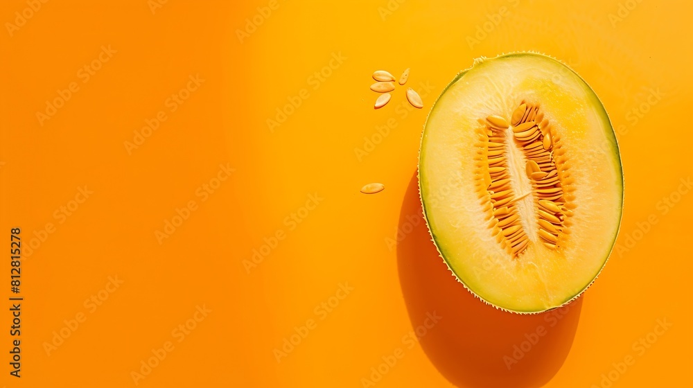 Poster Melon half on orange background Creative layout made of fresh melon Flat lay top view copy space : Generative AI
