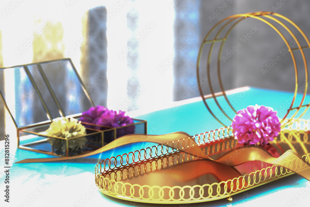 Aufkleber modern showcase platform. reflective gold podium adorned with colorful blooms. ambient light highlig