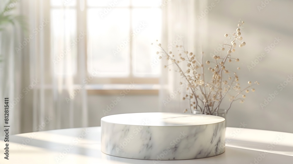 Poster marble podium on kitchen table with space for product display : generative ai