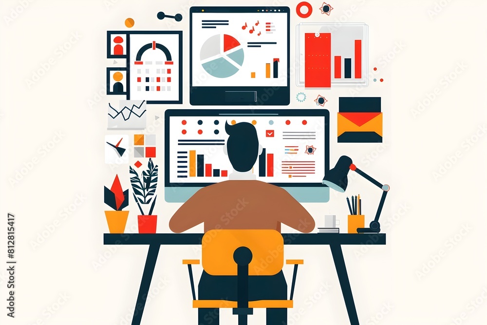 Leinwandbilder flat design of marketing and minimal trendy business analytics and data visualization on office desk