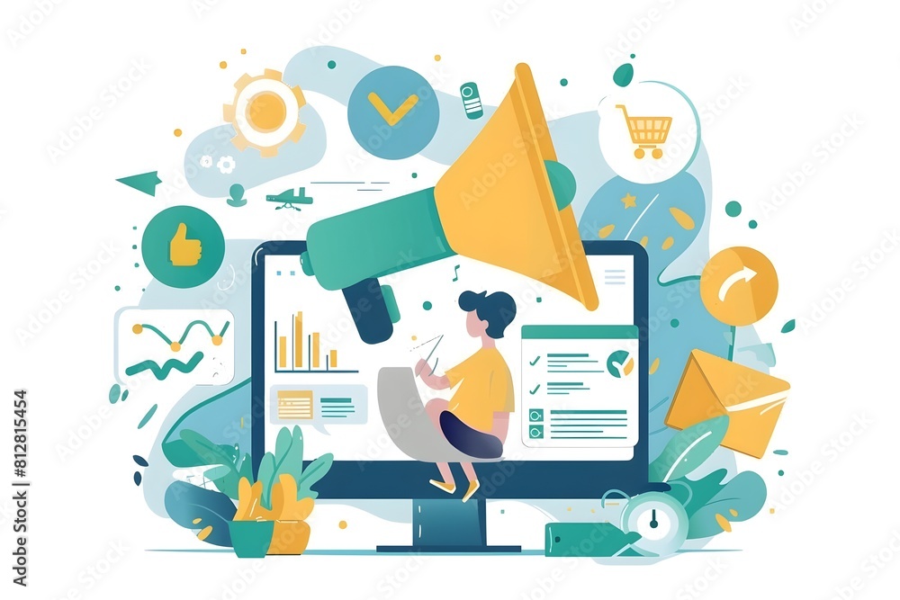 Poster flat design of marketing campaign strategy and analytics presentation