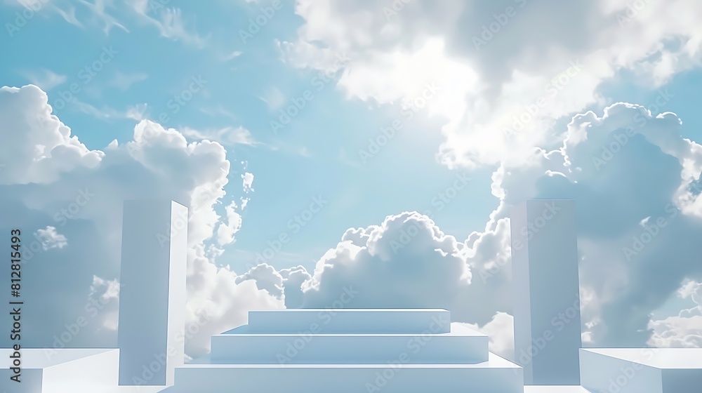 Poster front view of white podium and stairway with blank space in blue cloudy sky background abstract cont