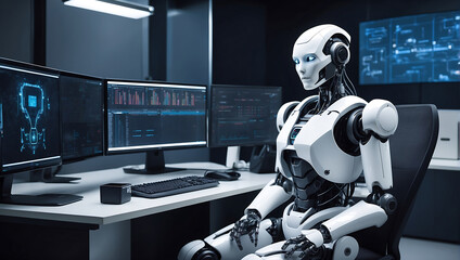 A strong artificial intelligence robot sitting at a desk with a computer monitor in data center background